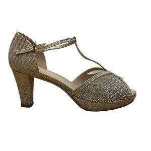 Paradox London Women’s Champagne Glitter T-Bar Nora Open Toe Heels Size 7M